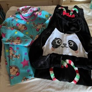 Justice Girls Sz 7/8 Holiday Panda Bear Onesie Pj’s and Footed Monkey Pj’s